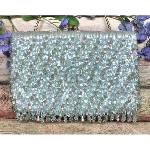 Vintage La Regale AB Dangle Bead Evening Bag Purse Kiss Lock Gold Chain Strap - Picture 2 of 9